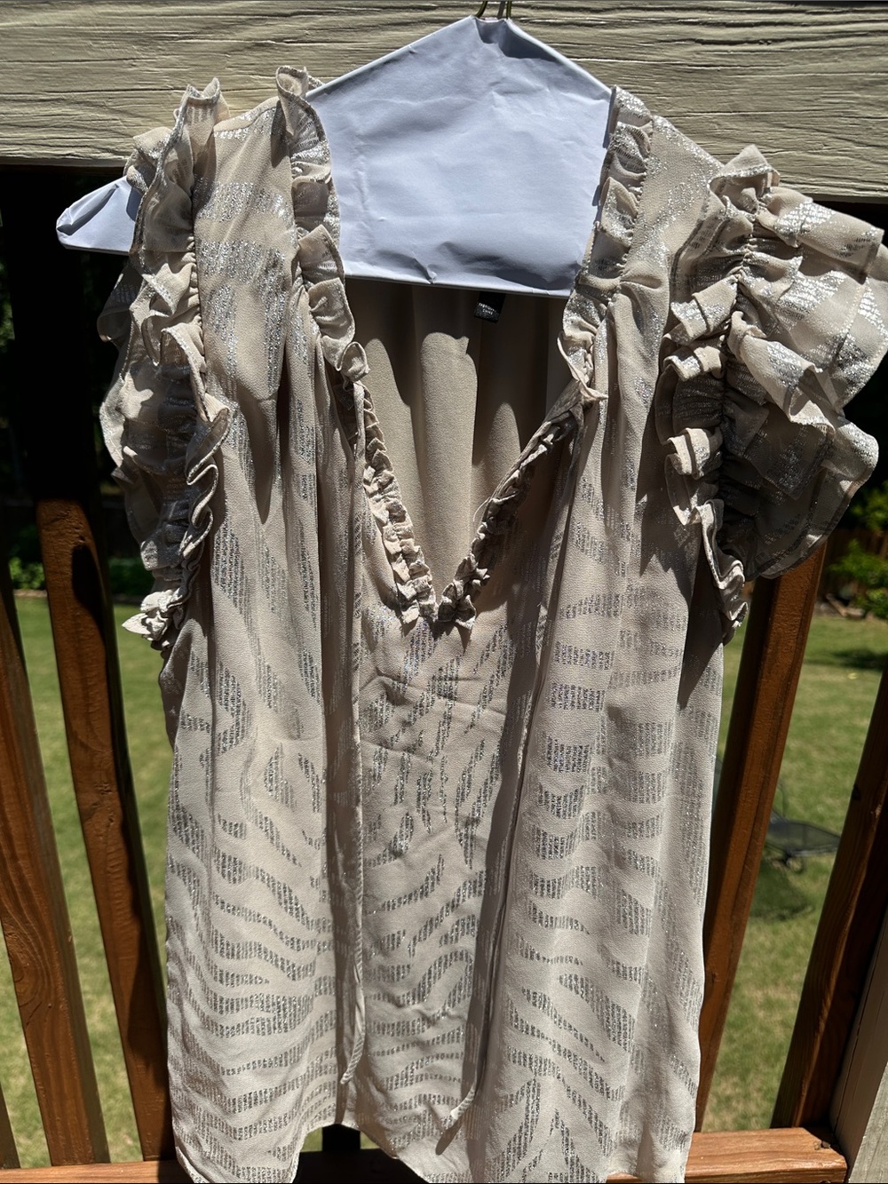 White House Black Market Beige Ruffle Sleeve V-Neck Top
